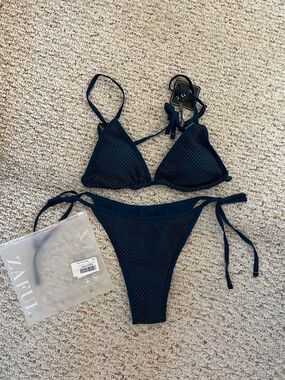 NWT! Zaful Dark Navy Textured Tie-Side Triangle Bikini